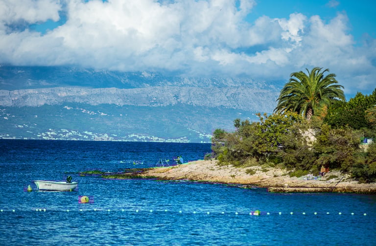 Small boat anchored in a blue Mediterranean bay with rocky shores and palm trees against a mountain backdrop.