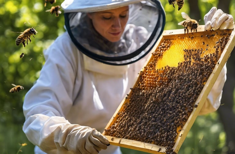 a beekeeper in a beehive with bees and bees