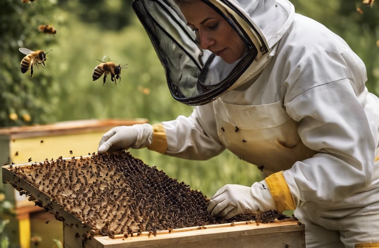 beekeeper maintaining her apiary