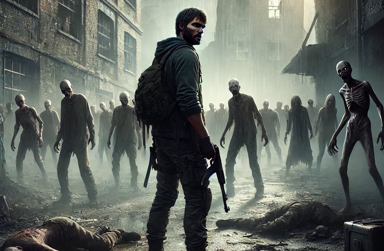a man in a post apocalyptic world surrounded by flesh eating zombies
