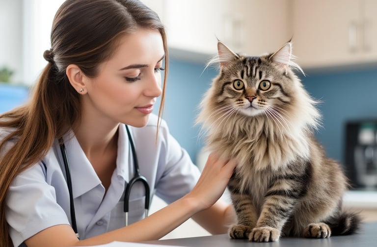 a veterinarian in a lab coat and a cat