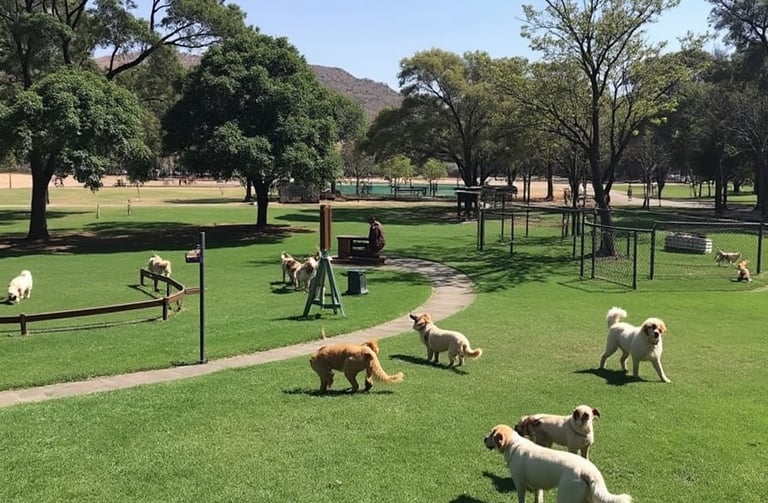 a group of dogs are playing in a park