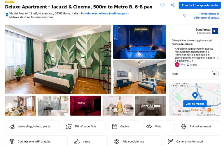 Screenshot di annuncio Booking.com di appartamento a Roma gestito professionalmente per affitti brevi