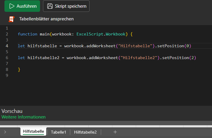 Office Script Tabellenblätter einfügen und positionieren
