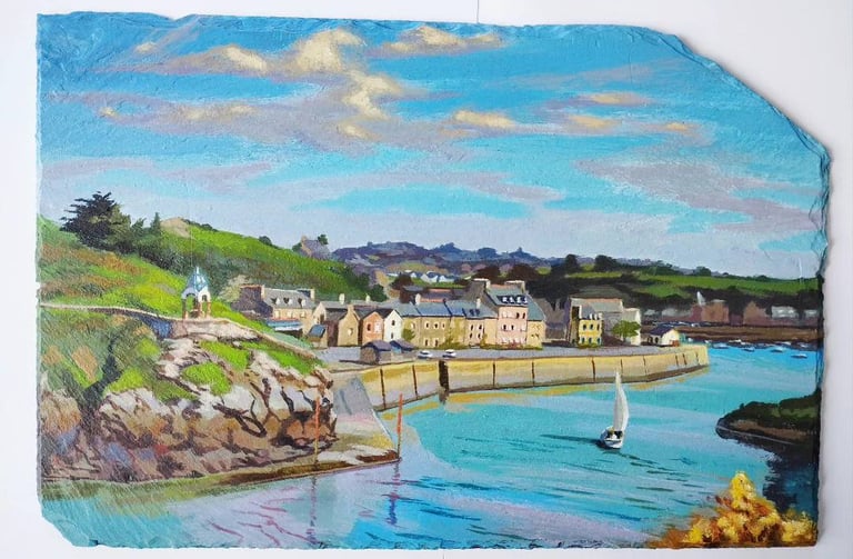 Peinture du port de Dahouët à Pléneuf-Val-André réalisée sur ardoise