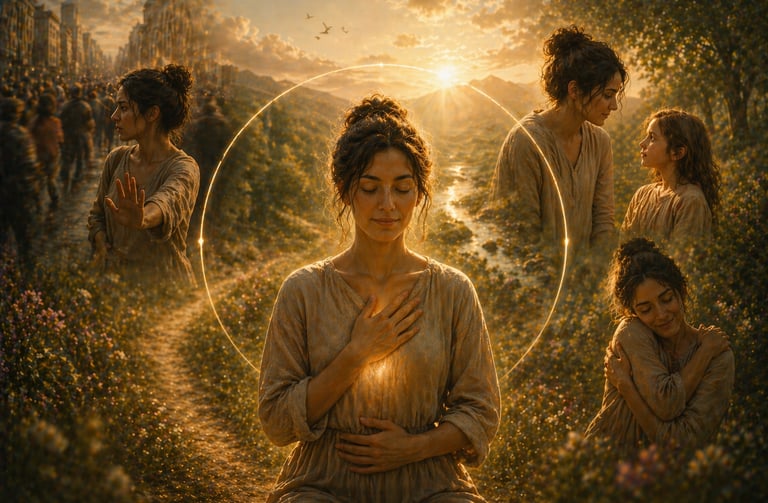 no judging others, including love for self, and less reactive, but whole