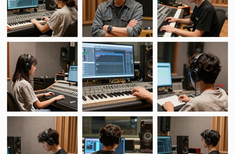 Dark minimalist studio workspace with audio equipment and subtle lighting emphasizing a focused creative atmosphere.