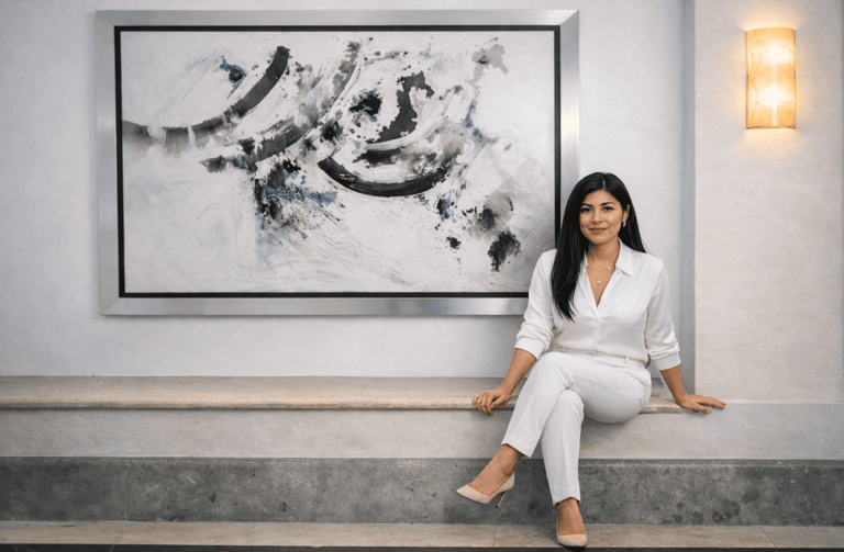 Nubia Rives artista plástica mexicana con su obra de arte abstracto contemporáneo