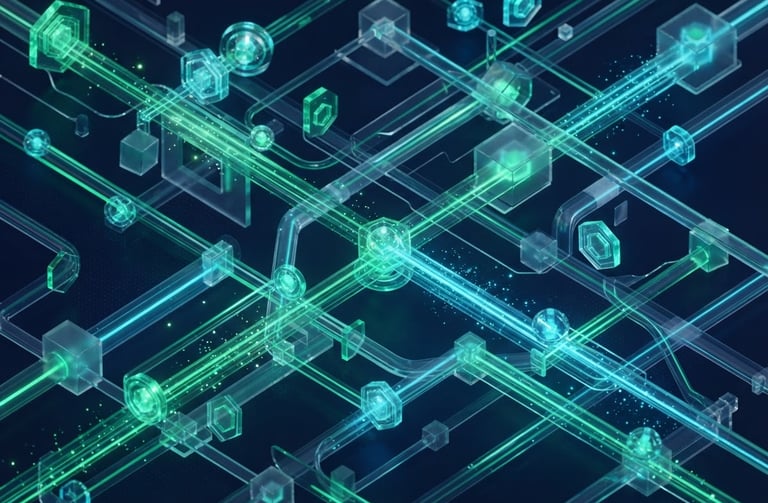 Sleek 3D digital render of flowing data streams and glowing emerald and cyan token nodes on a dark navy background, clean geometric glassmorphism, isometric perspective, representing programmable digital money moving through a secure network.