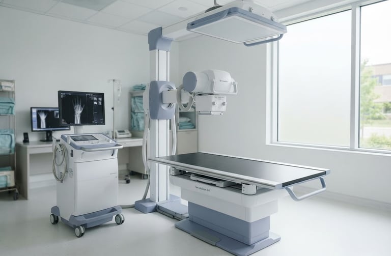 A high-resolution digital X-ray imaging system in a pristine, sterile room, bright diffused natural daylight, soft slate blue accents, clean white surfaces, sharp focus, 35mm