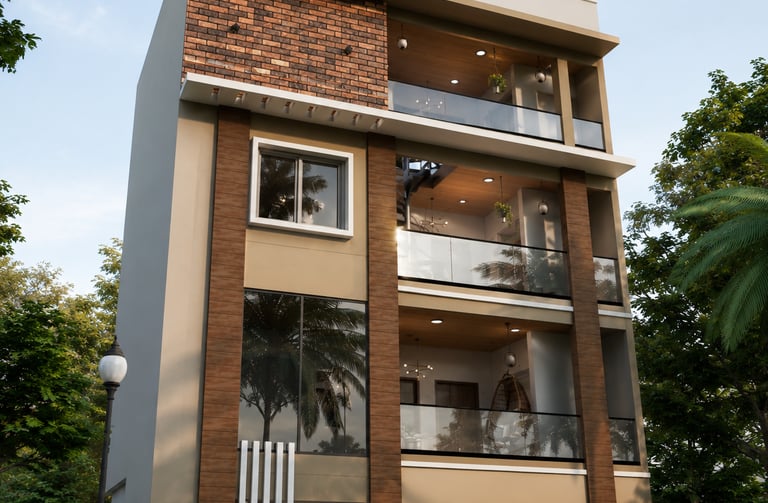 Modern four-story residential building with brick accents, wood paneling, and glass balconies.