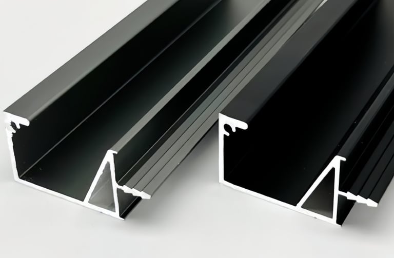 Black coated aluminum extrusion profiles with angular and structural design, commonly used for framing, construction, or indu