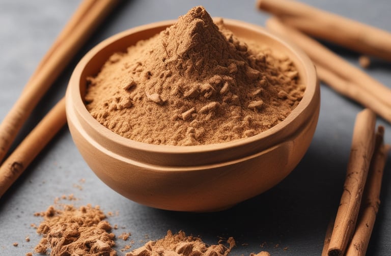 Multani mitti clay powder in a white ceramic bowl with rose petals scattered on a green cloth.