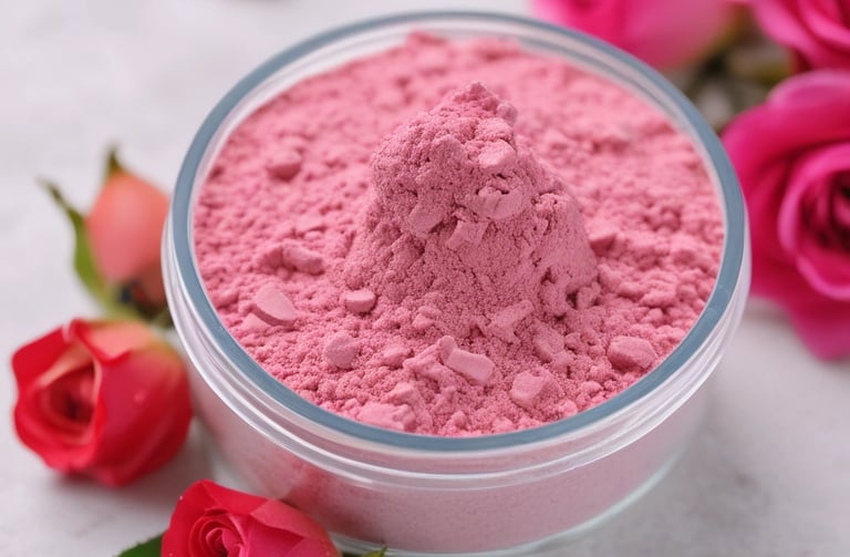 Multani mitti clay powder in a white ceramic bowl with rose petals scattered on a green cloth.