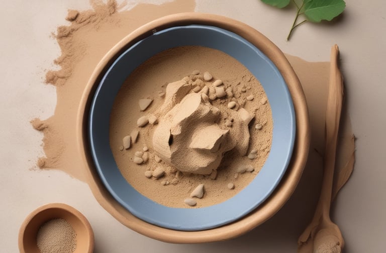 Multani mitti clay powder in a white ceramic bowl with rose petals scattered on a green cloth.