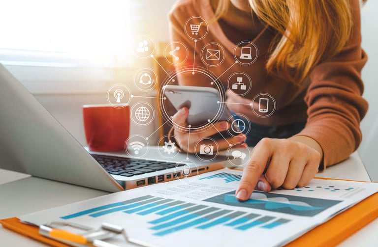 A computer screen displays a graphic design software with a brand identity project open, featuring m