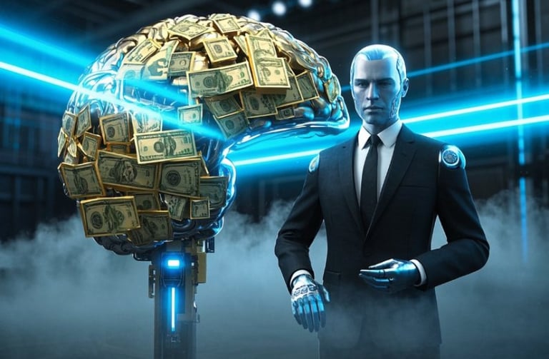 ai male robot business suit standing next to large brain made up of money representing spychology