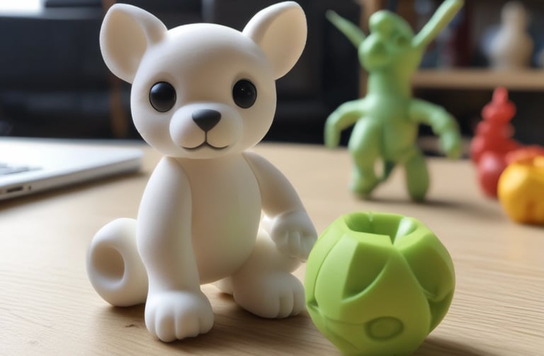 A person holds a detailed, intricately designed 3D-printed object, with a laptop displaying a 3D modeling software. The background features a 3D printer, suggesting a design and production process.