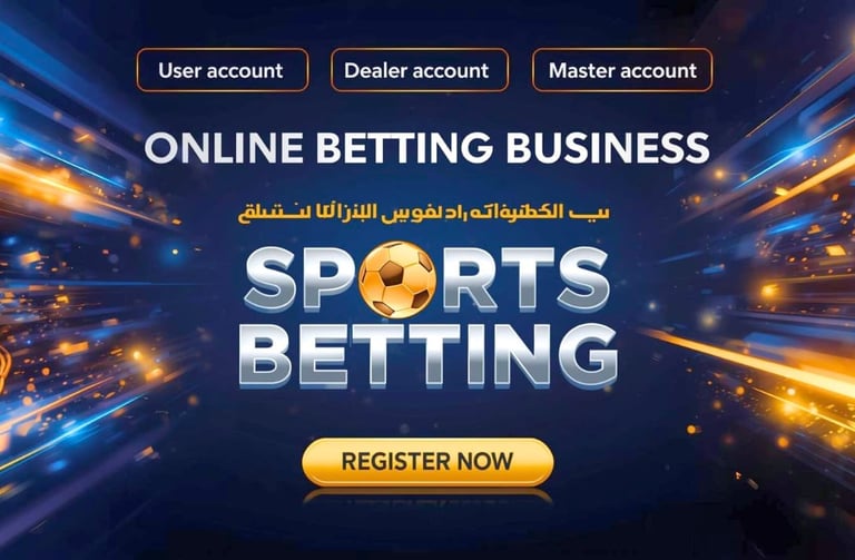 Sports betting business banner – User, Dealer, Master account options with Register Now button