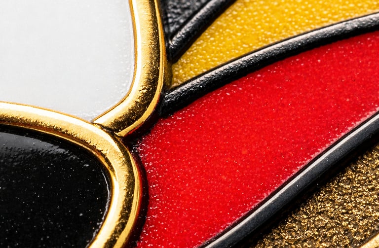 Macro close-up of custom enamel pin showing enamel fill, raised metal lines, and plating texture