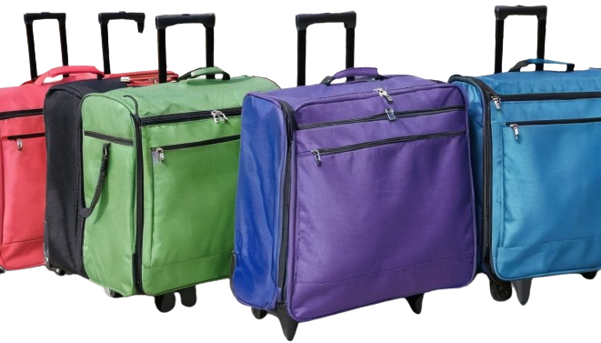 a variety of luggage bags in a row