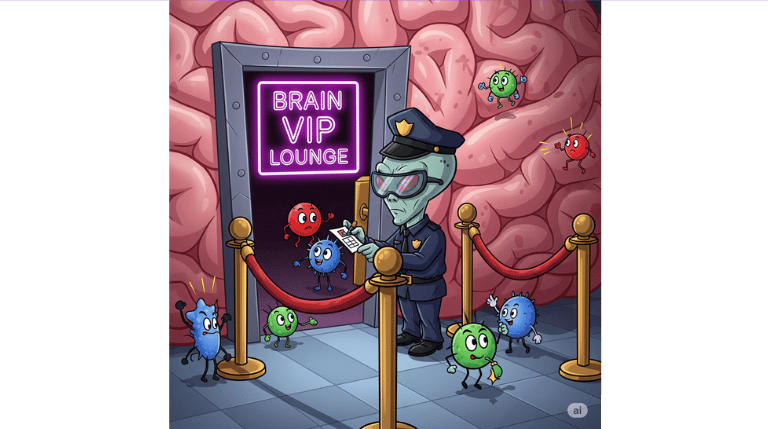 Brain security: a cartoon of a molecule VIP lounge with an alien bouncer, illustrating the brain's selective access control