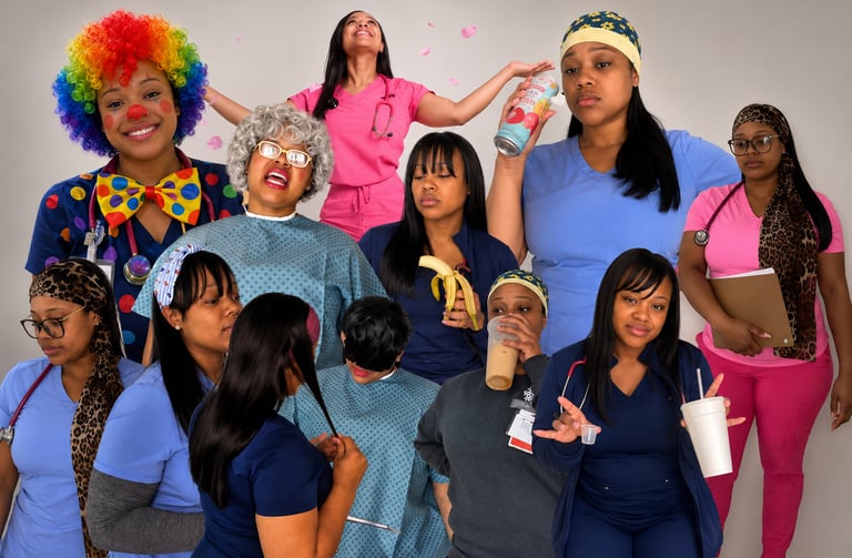 Nursing comedy characters portraying the chaos, humor, stress, and realities of life in healthcare.
