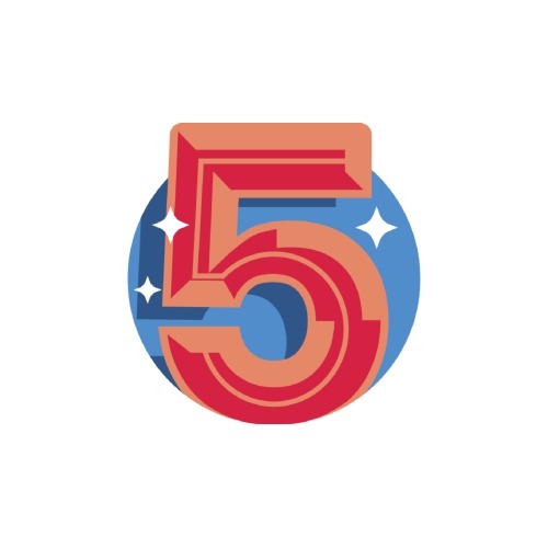 A red number five, in front of a dark blue circle with white sparkles