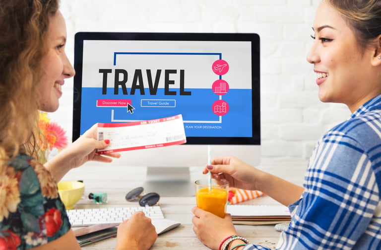 "A virtual assistant helping with travel bookings, shown on a tablet or computer screen.