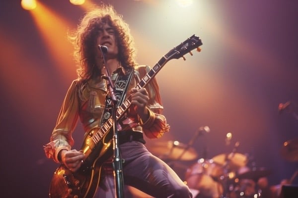 A 70's rock star playing guitar on stage. Peter Pickering loved Stairway To Heaven. 