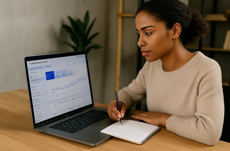 Woman reviewing website analytics on a laptop.