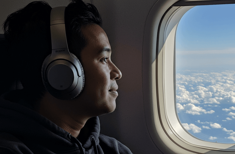 Noise cancelling headphones on a long airplane flight 