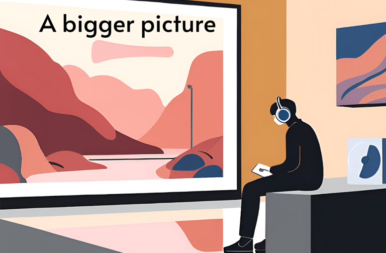 Person sitting in museum or art gallery, listening to audio guide sound design through headphones