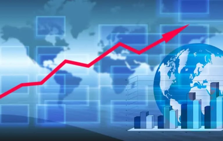 A red upward arrow overlays a world map and bar graphs with a globe in the foreground, indicating global financial growth.