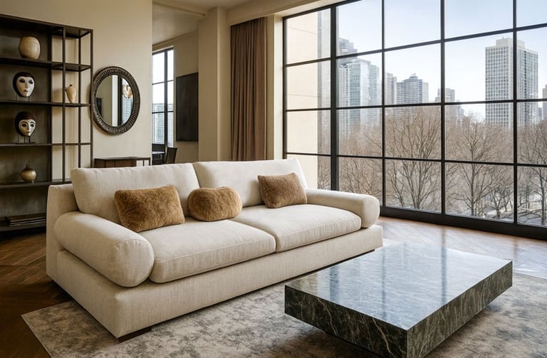 Luxury modern sofa in a sunlit high-rise living room with city views and marble coffee table, by Solo Home Decor.