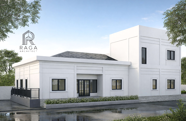 Hunian modern 3D fasad Mr. Rifansyah di Banjarmasin, menampilkan arsitektur minimalis dengan kombina