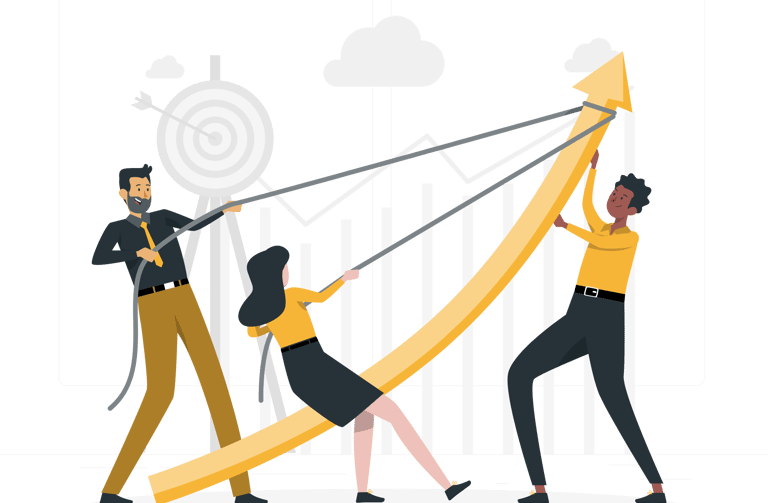 Business team working together to push a large upward arrow representing company growth and financial success.