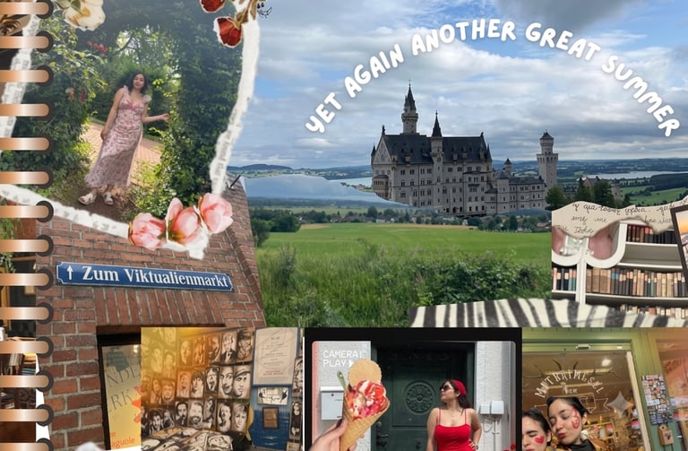 Collage digital con diferentes texturas de papel, íconos, gráficos y fotos de paisajes y personas,.