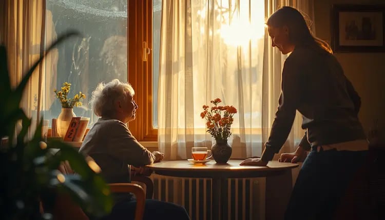 Ruhiger Morgenmoment mit einer demenzkranken Person und vertrauter Begleitung