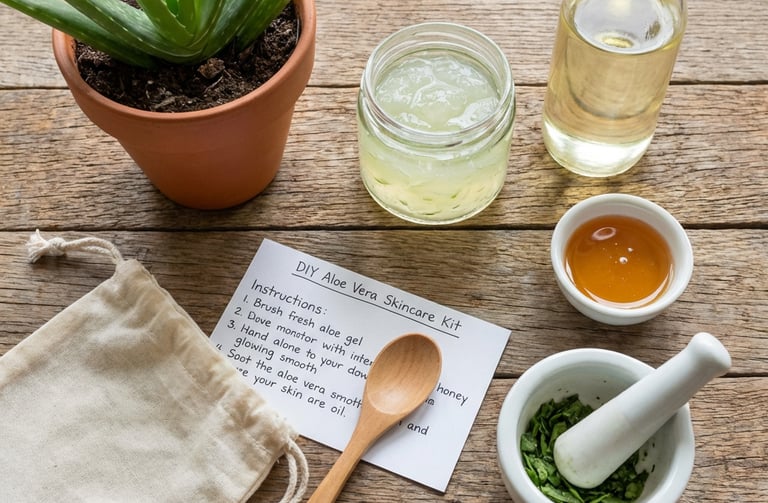 DIY aloe vera skincare kit with fresh aloe plant, gel, oil, and herbs on a rustic wooden table.