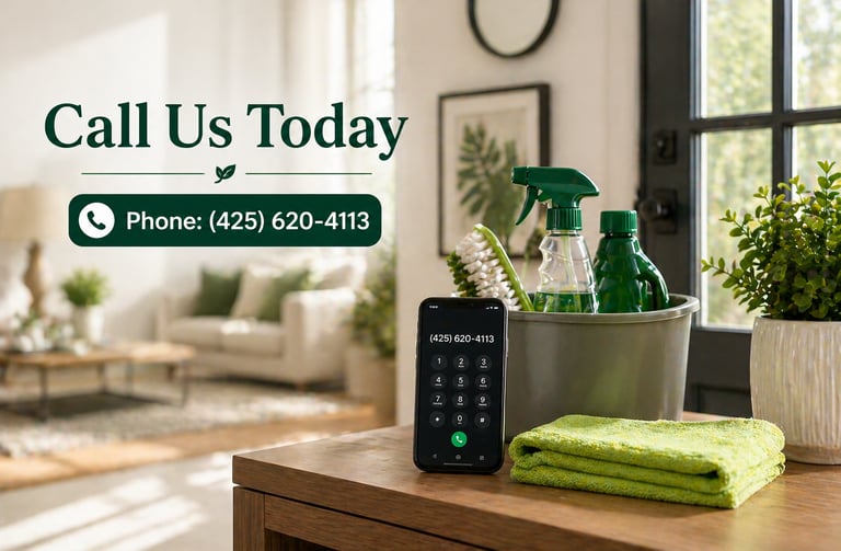 Professional house cleaning supplies and a smartphone displaying a call us today contact number.