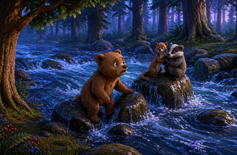 An animated brown bear cub, badger, and otter on river rocks in a dark forest at night.