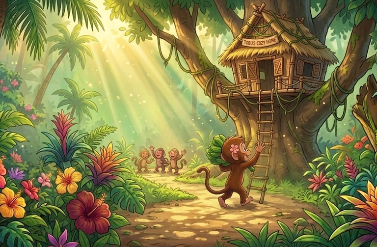 Playful cartoon monkeys near a cozy tropical treehouse in a lush jungle with sunlight and flowers.