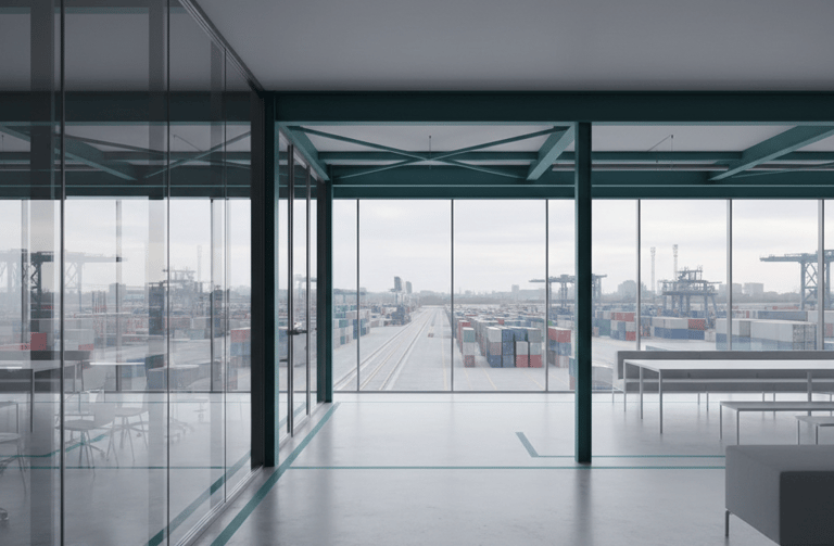 Modern glass office interior overlooking a commercial shipping port and container terminal.