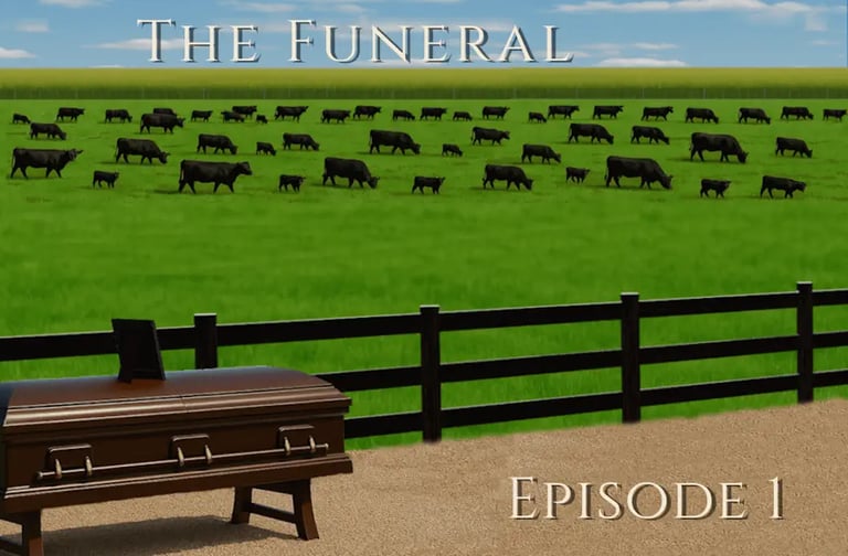 Coffin by fence, cattle in green paddocks under blue sky