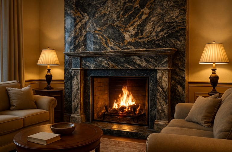 a living room with a leftover granite fireplace and a couch