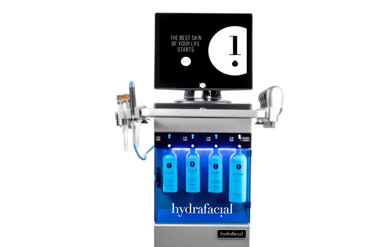 Appareil HydraFacial MD Elite avec bouteilles de solutions et écran de contrôle, utilisé pour les so