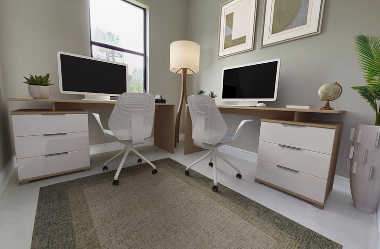 Digitally staged den as a office featuring 2 desks, 2 chairs, lamp and computers