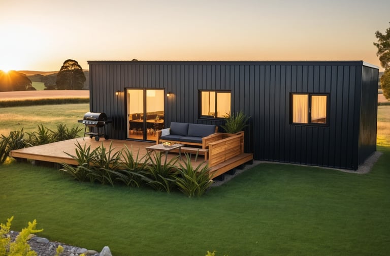 Dark cladding on transportable home, exterior view