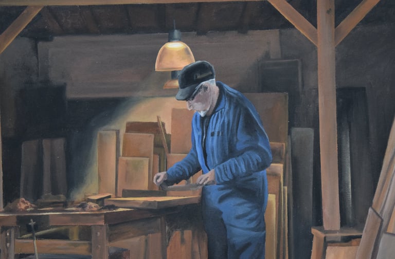 Détails d'une fresque peinte sur façade: un menuisier travaille le bois dans son atelier. Jura 39.